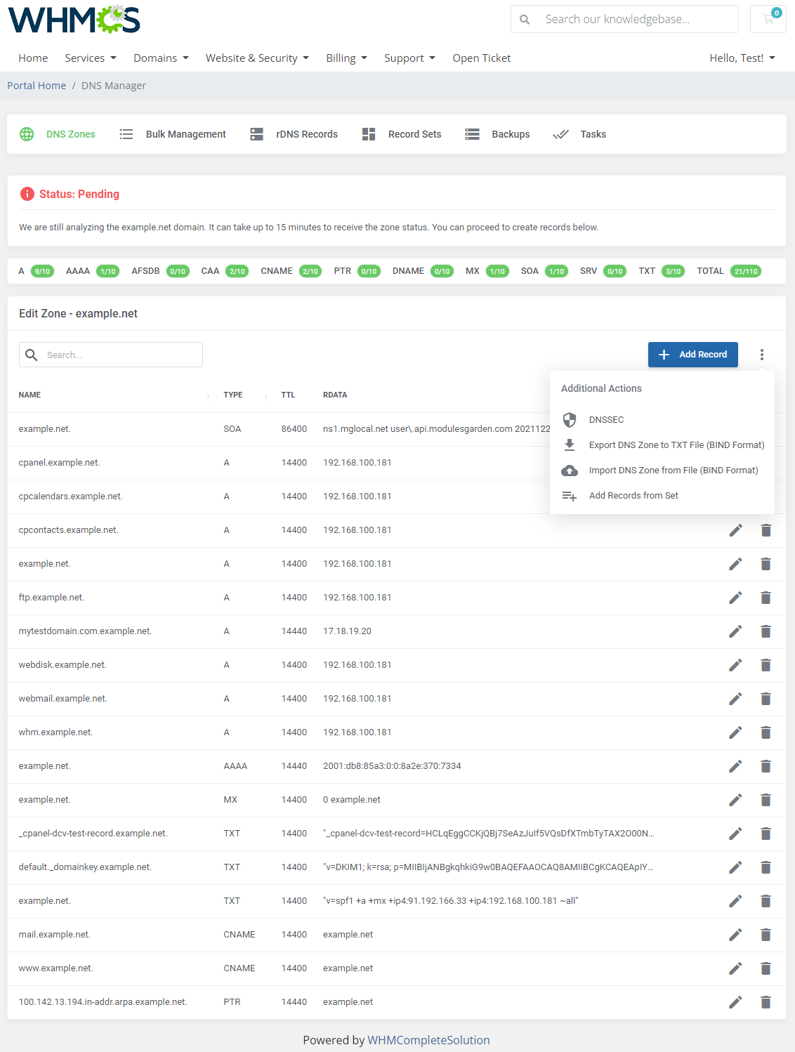 DNS Manager For WHMCS: Module Screenshot 4