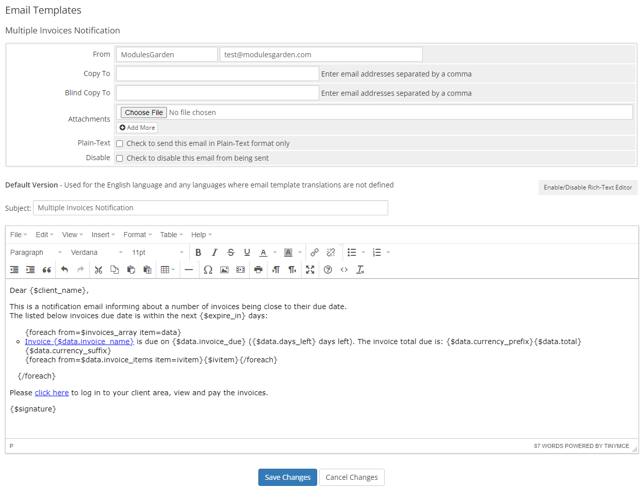 Email Notifications Organizer For WHMCS: Module Screenshot 4