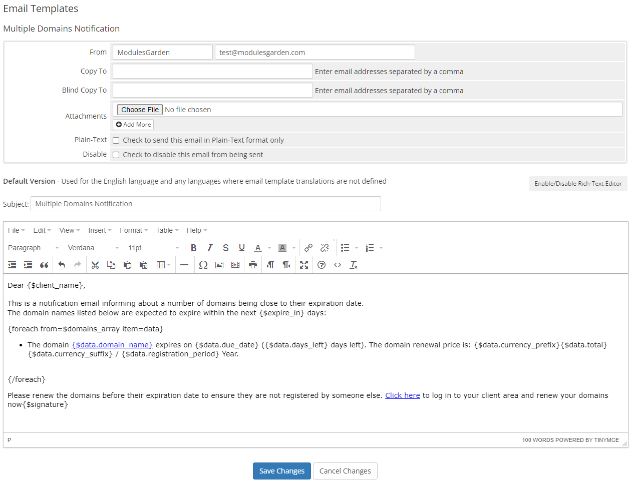 Email Notifications Organizer For WHMCS: Module Screenshot 6