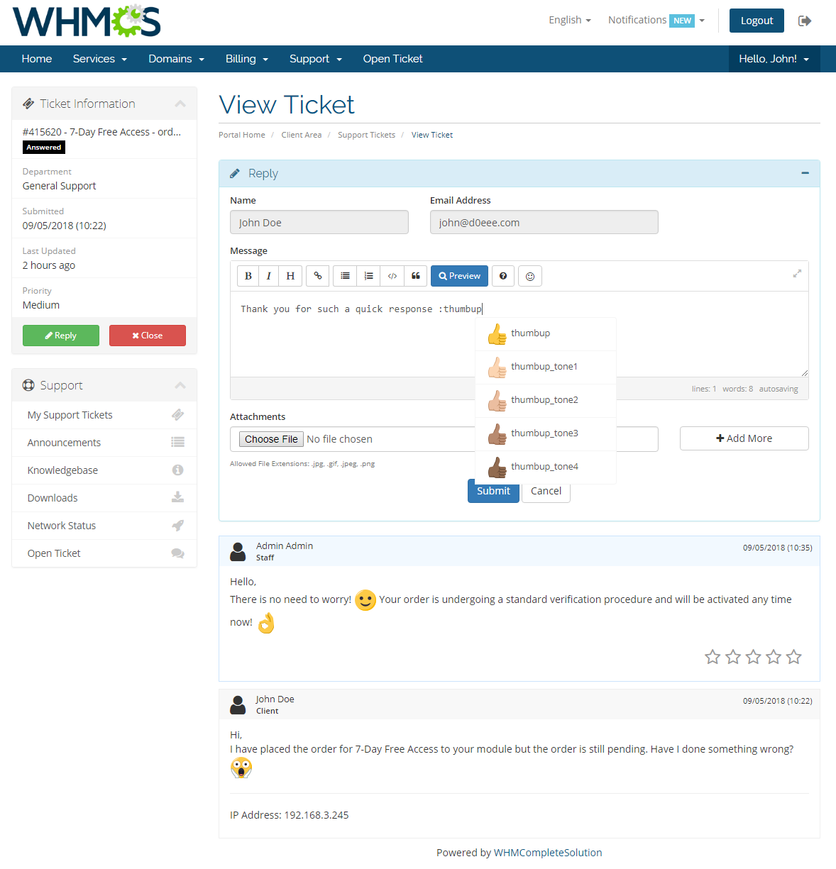 Emoji Picker For WHMCS: Screen 1
