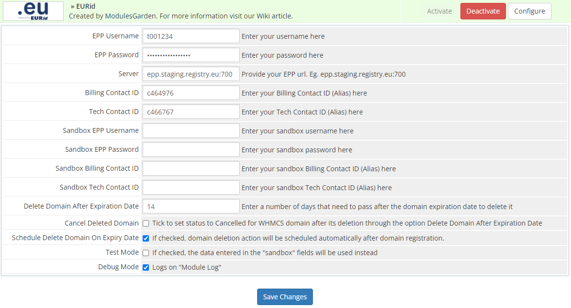 EURid Registrar For WHMCS: Screen 1