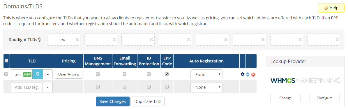 EURid Registrar For WHMCS: Screen 2