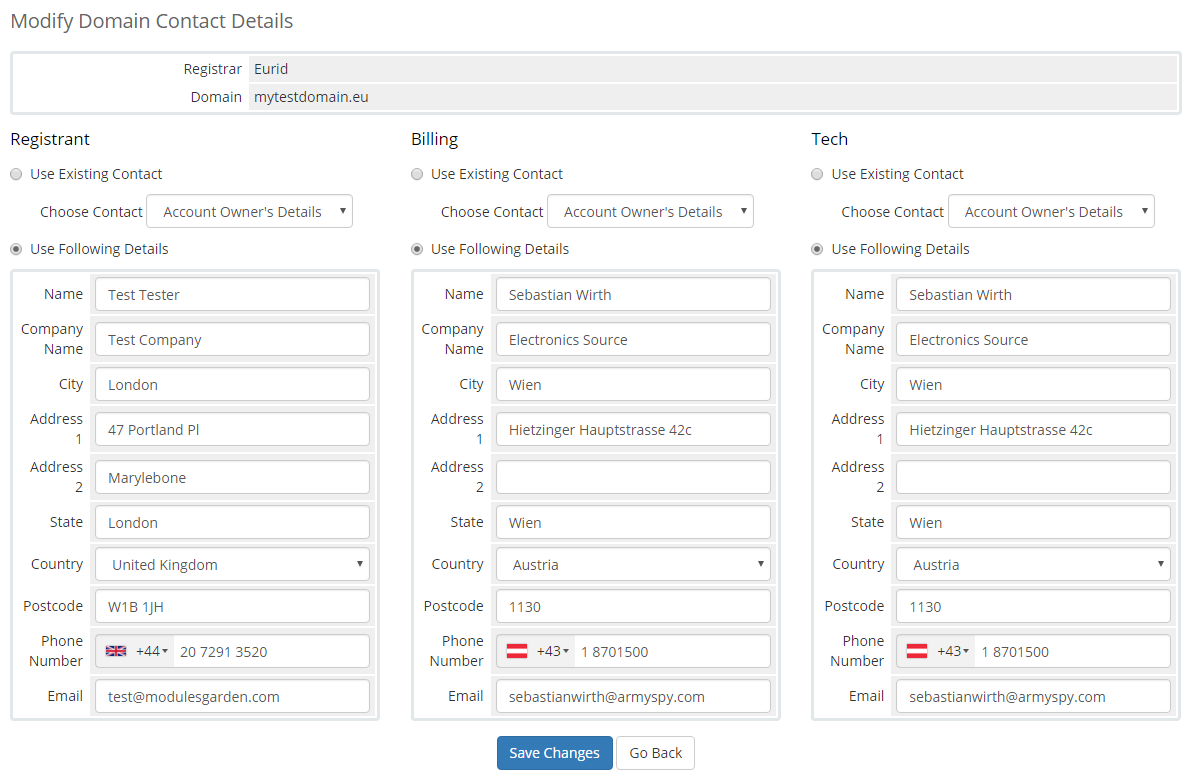 EURid Registrar For WHMCS: Screen 4