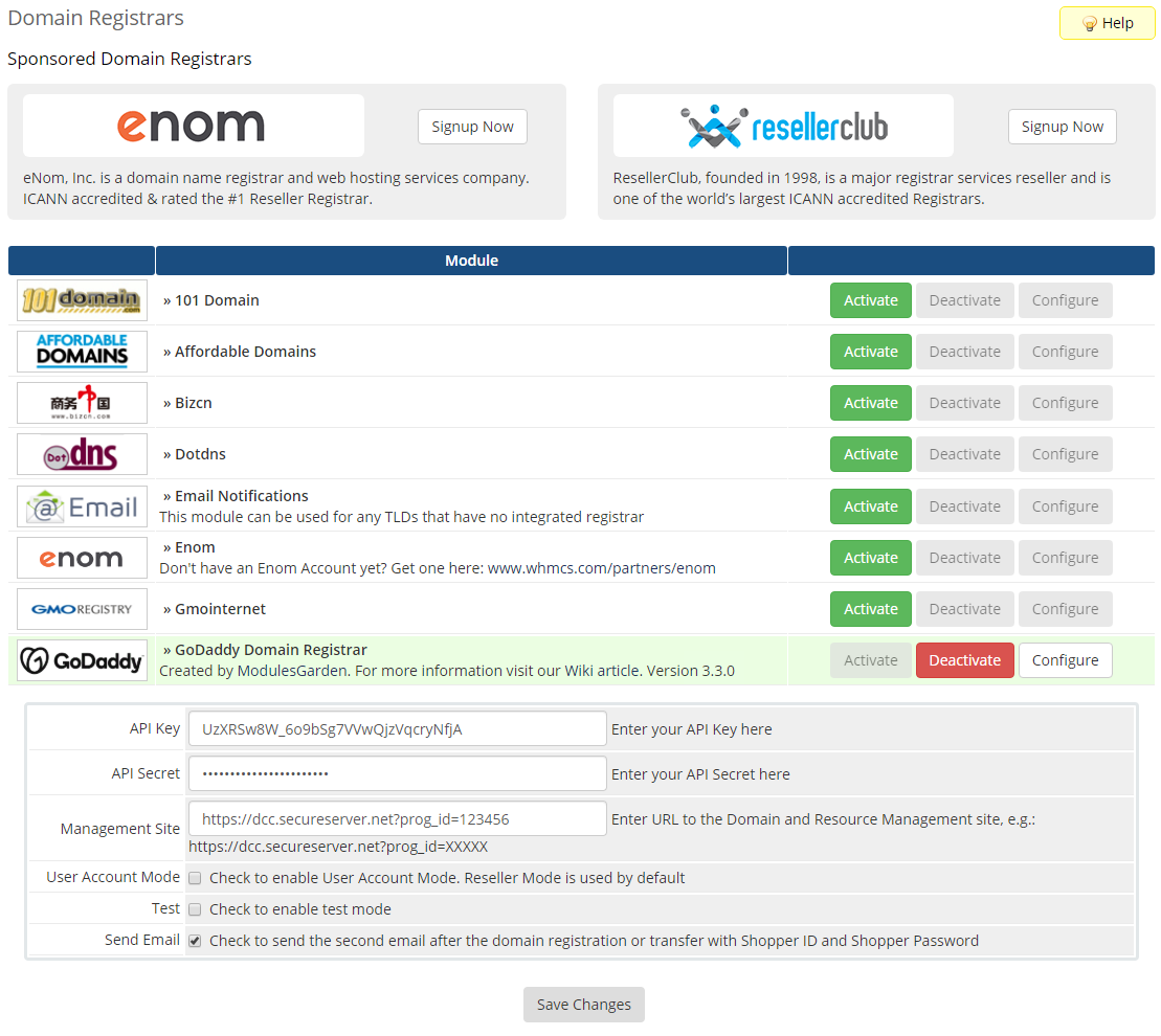 GoDaddy Domain Registrar For WHMCS: Module Screenshot 1