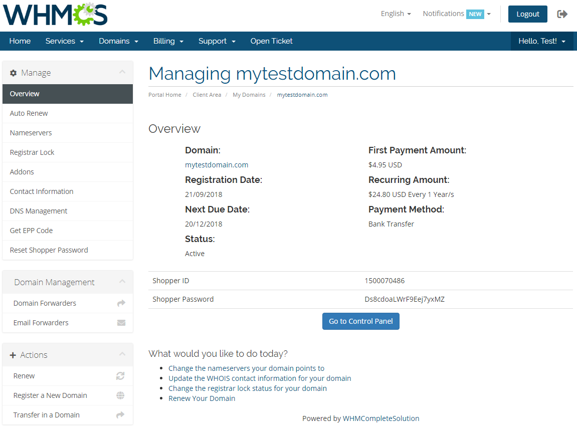 GoDaddy Domain Registrar For WHMCS: Module Screenshot 6