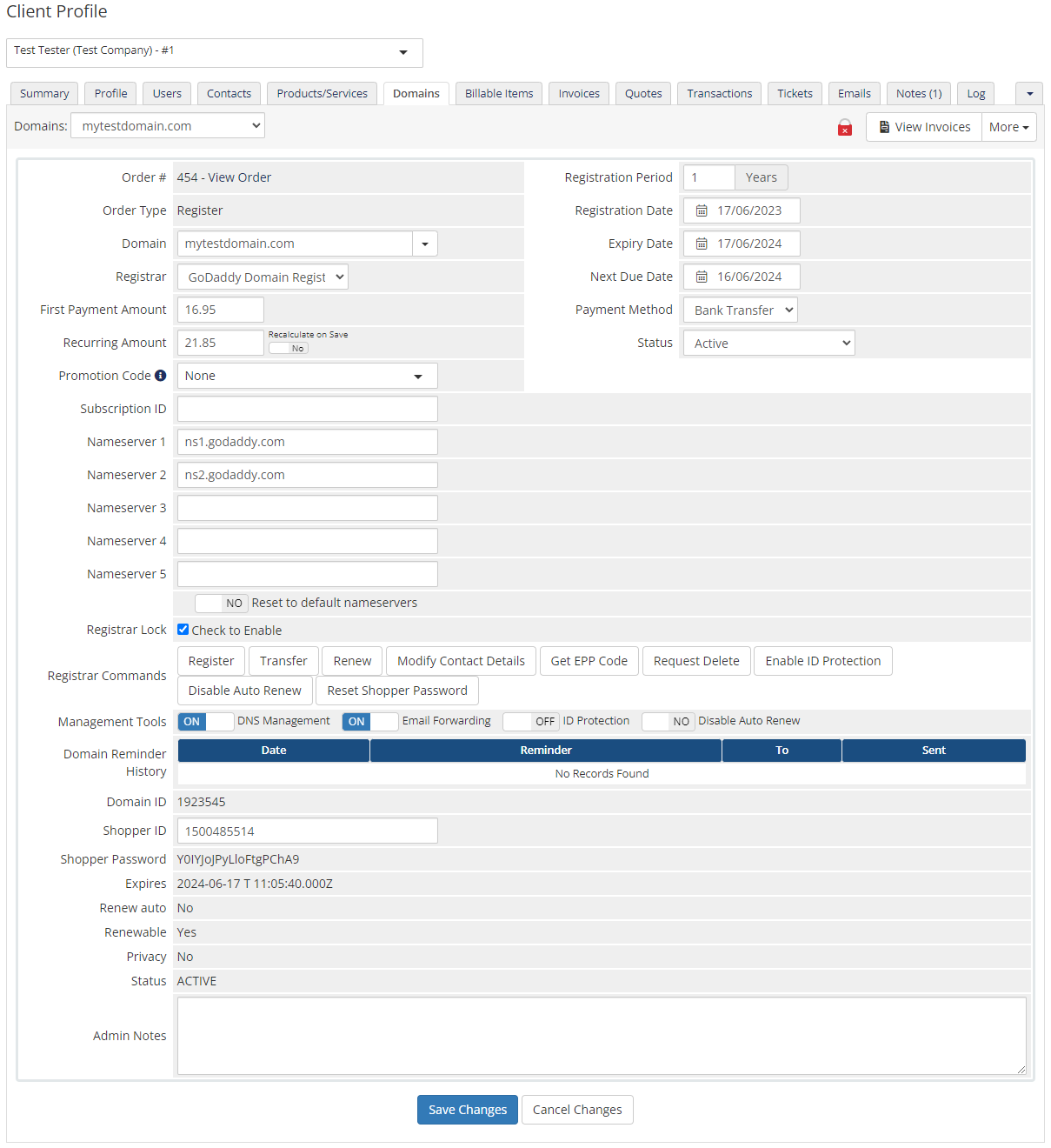 GoDaddy Domain Registrar For WHMCS: Module Screenshot 4