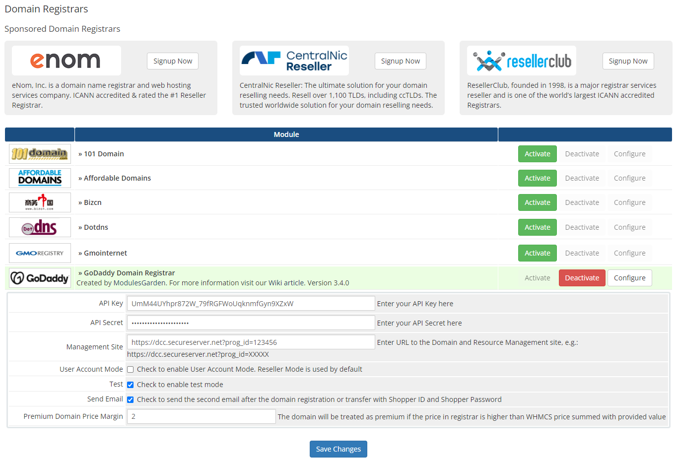 GoDaddy Domain Registrar For WHMCS: Module Screenshot 1