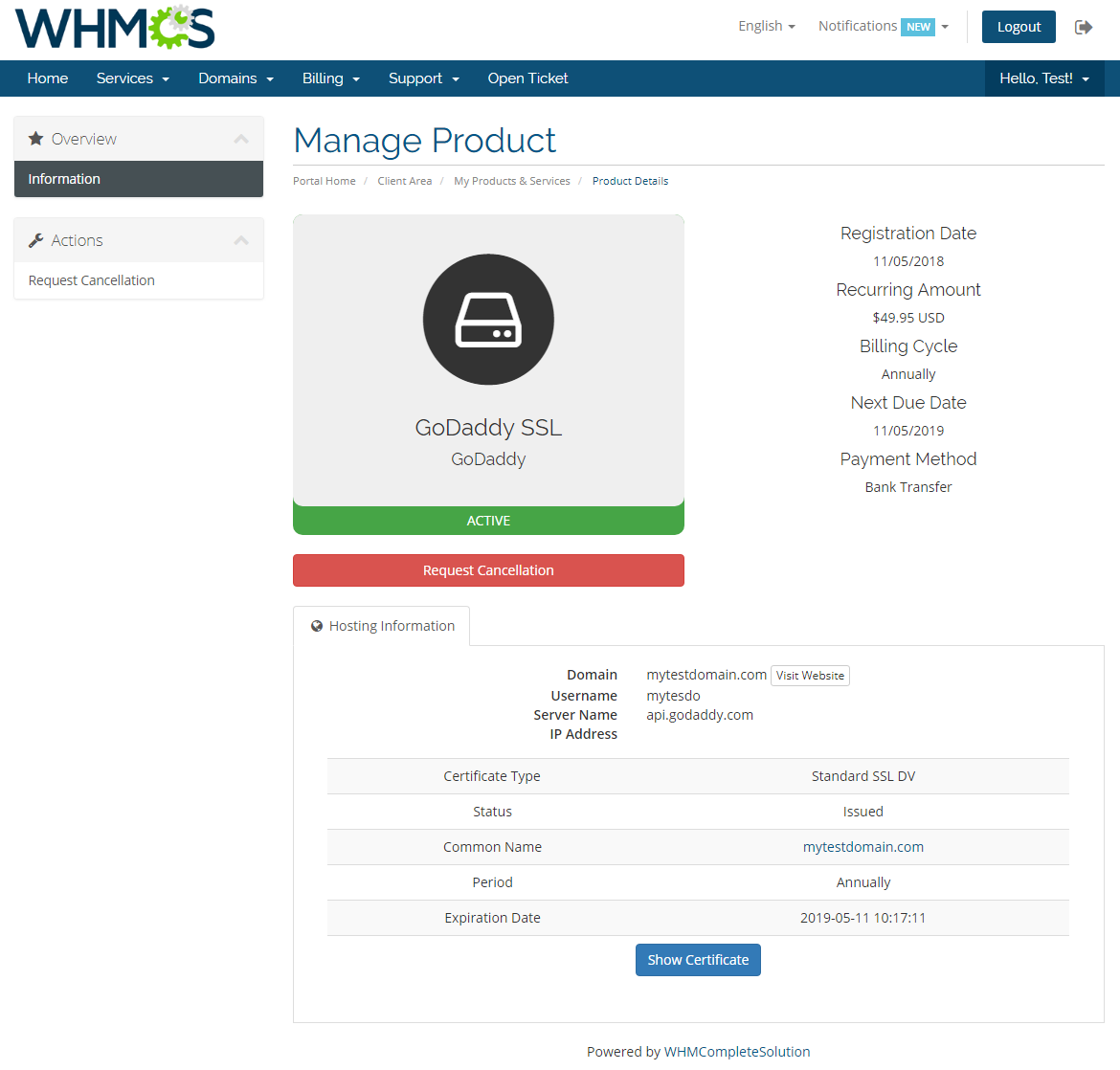 GoDaddy SSL For WHMCS: Screen 3