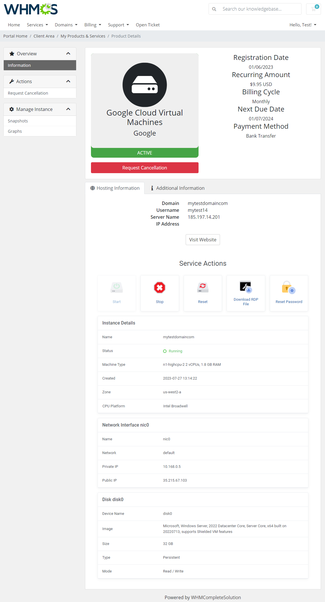 Google Cloud Virtual Machines For WHMCS: Module Screenshot 1