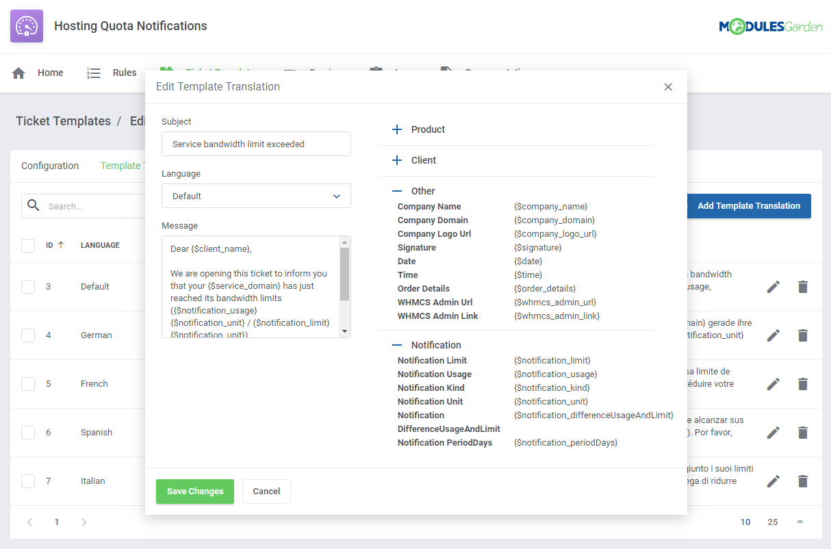 Hosting Quota Notifications For WHMCS: Screen 11