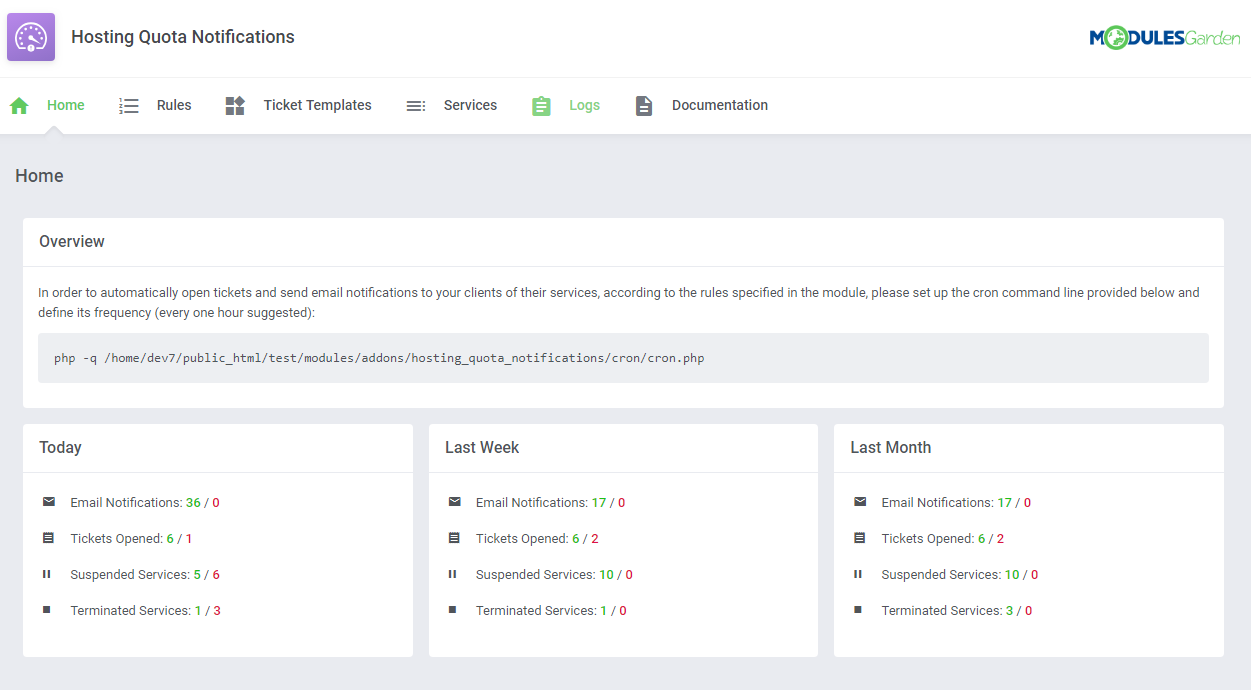 Hosting Quota Notifications For WHMCS: Screen 3