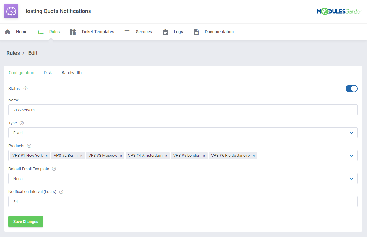 Hosting Quota Notifications For WHMCS: Screen 5