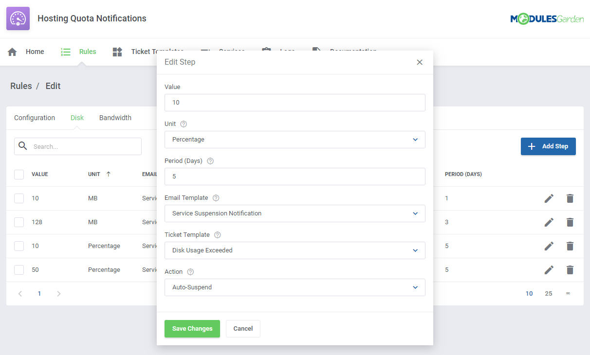 Hosting Quota Notifications For WHMCS: Screen 7