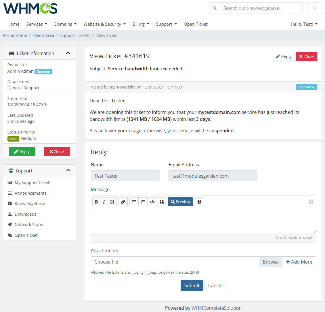 Hosting Quota Notifications For WHMCS: Module Screenshot 2