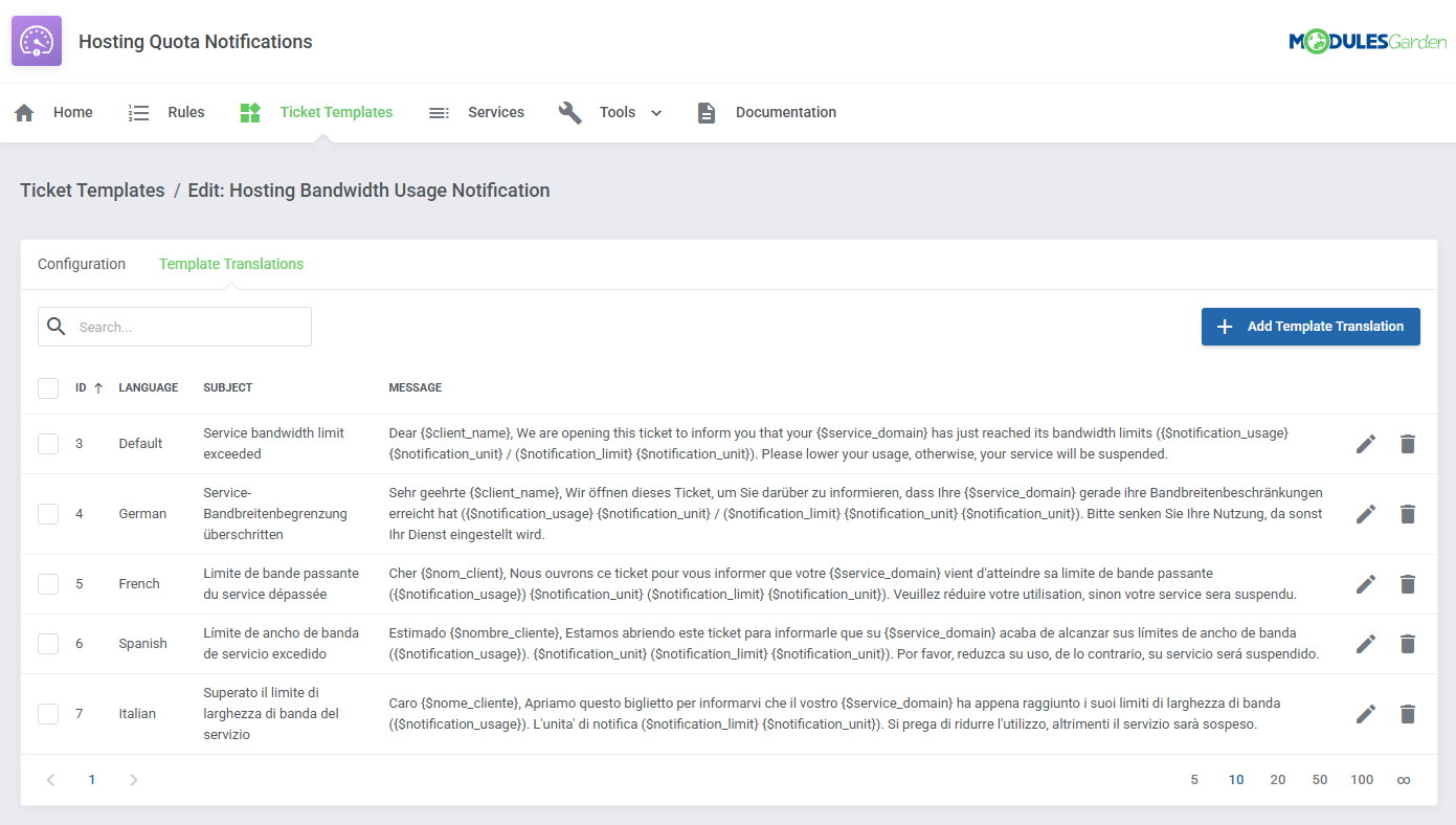 Hosting Quota Notifications For WHMCS: Module Screenshot 11