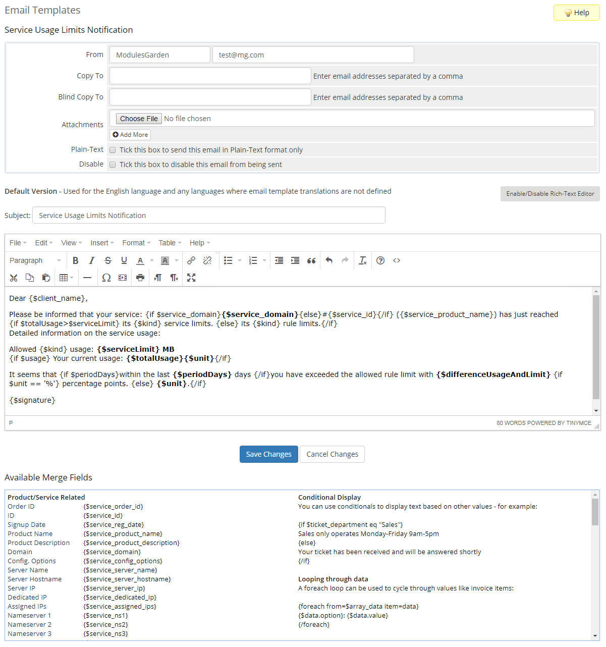 Hosting Quota Notifications For WHMCS: Module Screenshot 22