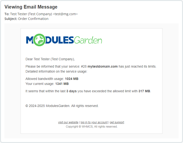 Hosting Quota Notifications For WHMCS: Module Screenshot 3