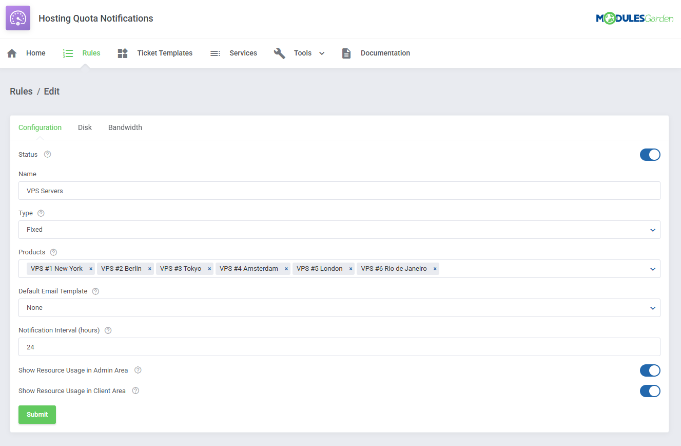 Hosting Quota Notifications For WHMCS: Module Screenshot 6