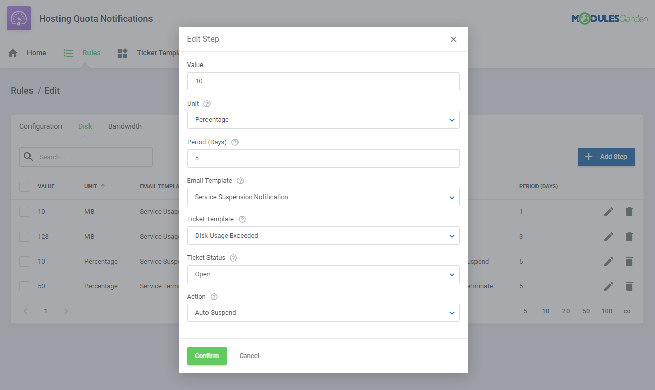 Hosting Quota Notifications For WHMCS: Module Screenshot 8