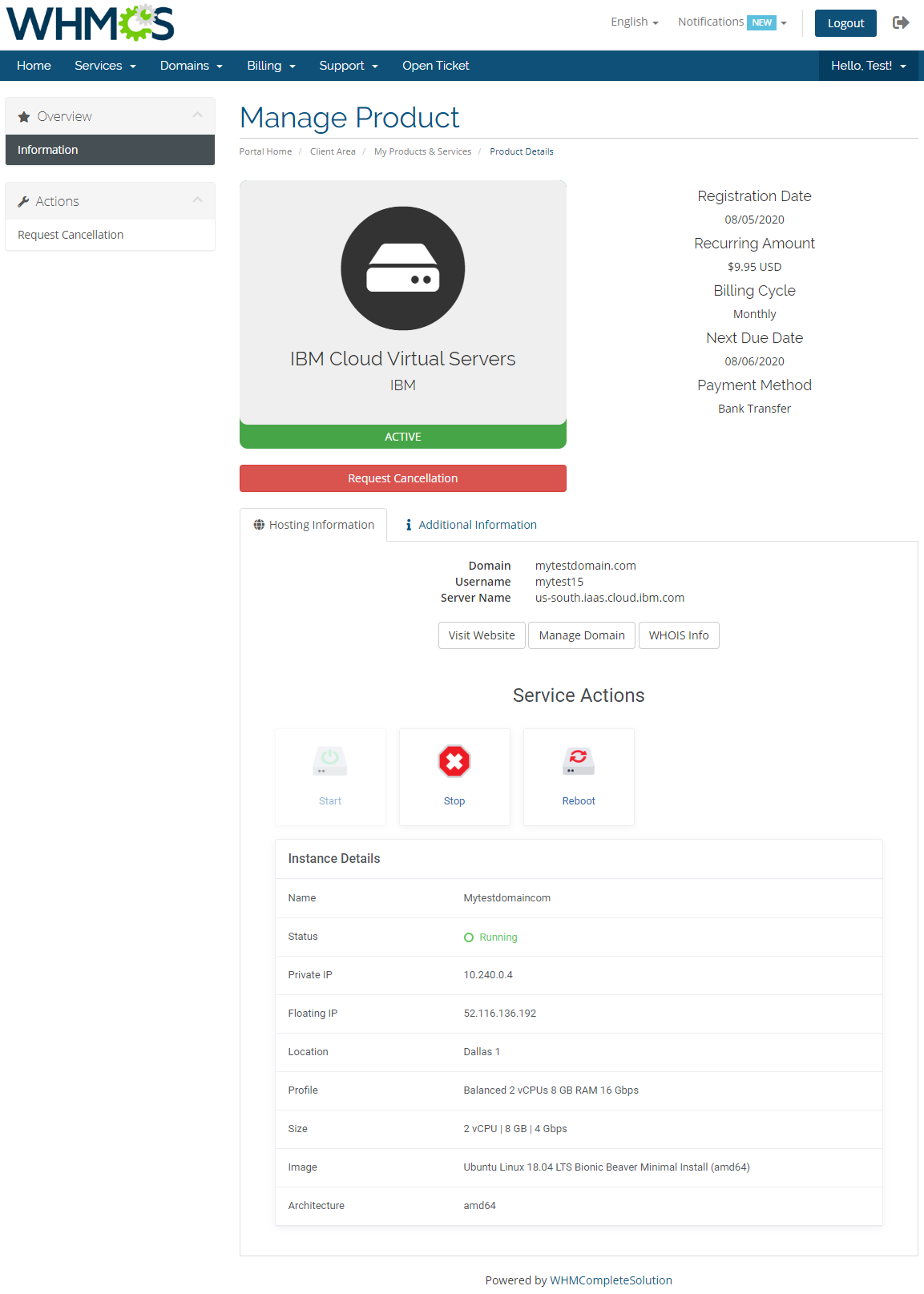 IBM Cloud Virtual Servers For WHMCS: Module Screenshot 1