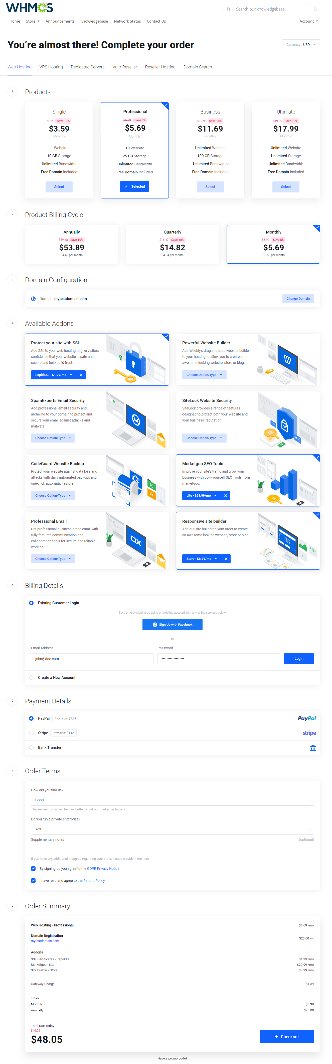 Lagom One Step Order Form For WHMCS: Module Screenshot 1