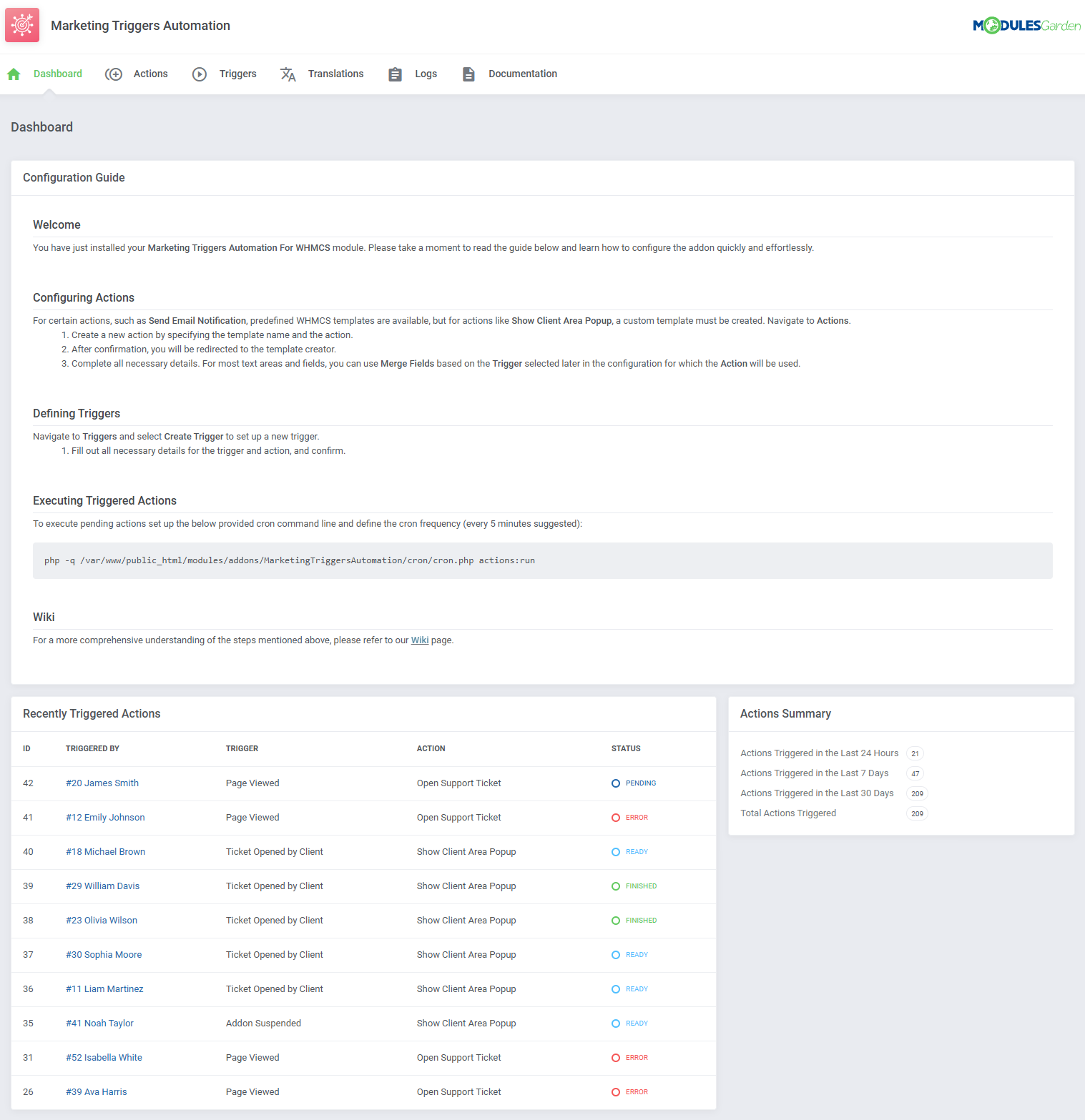 Marketing Triggers Automation For WHMCS: Module Screenshot 1