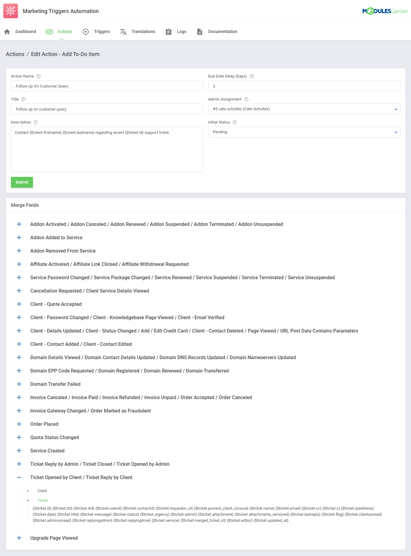 Marketing Triggers Automation For WHMCS: Module Screenshot 6