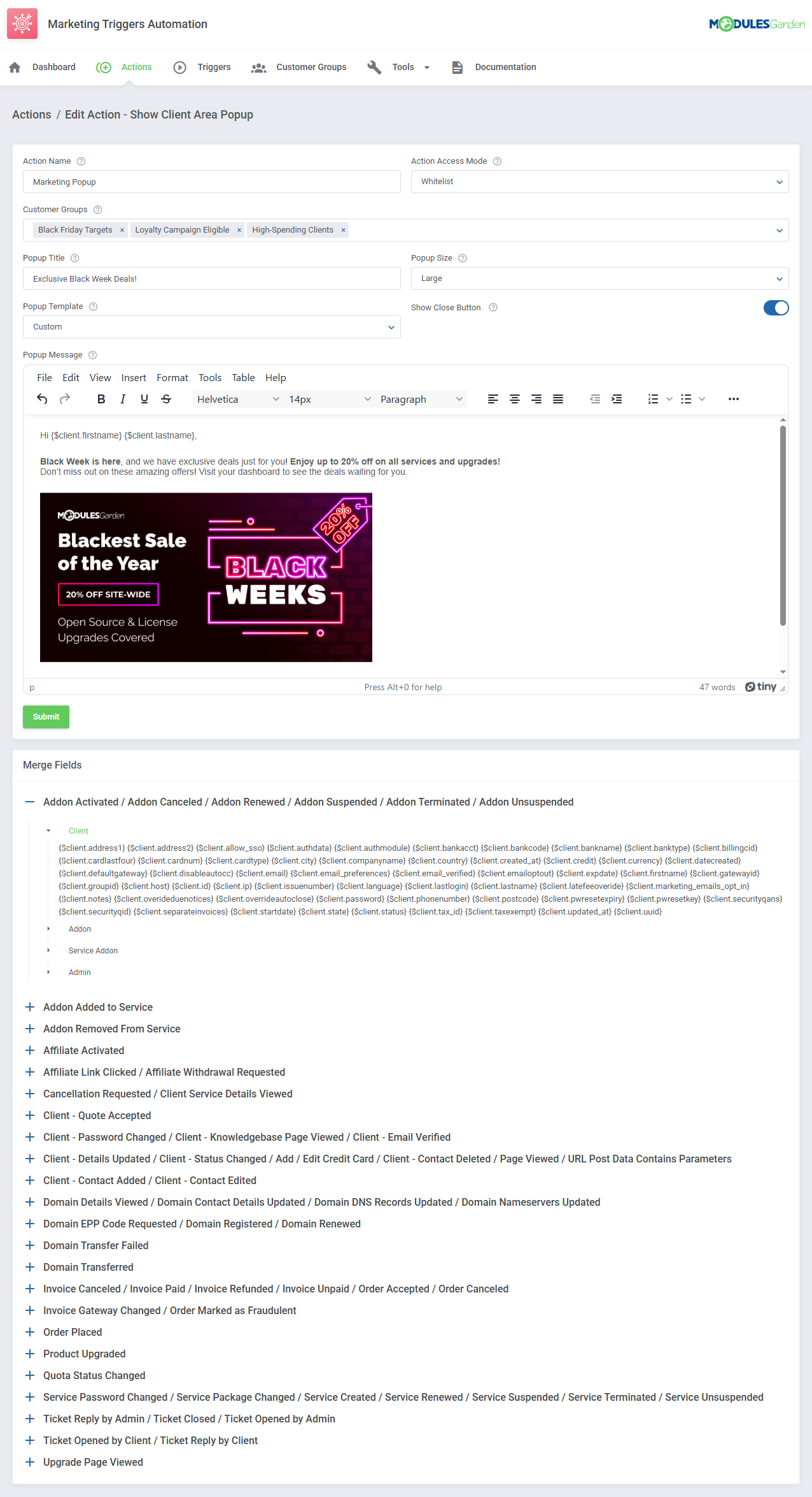 Marketing Triggers Automation For WHMCS: Module Screenshot 4