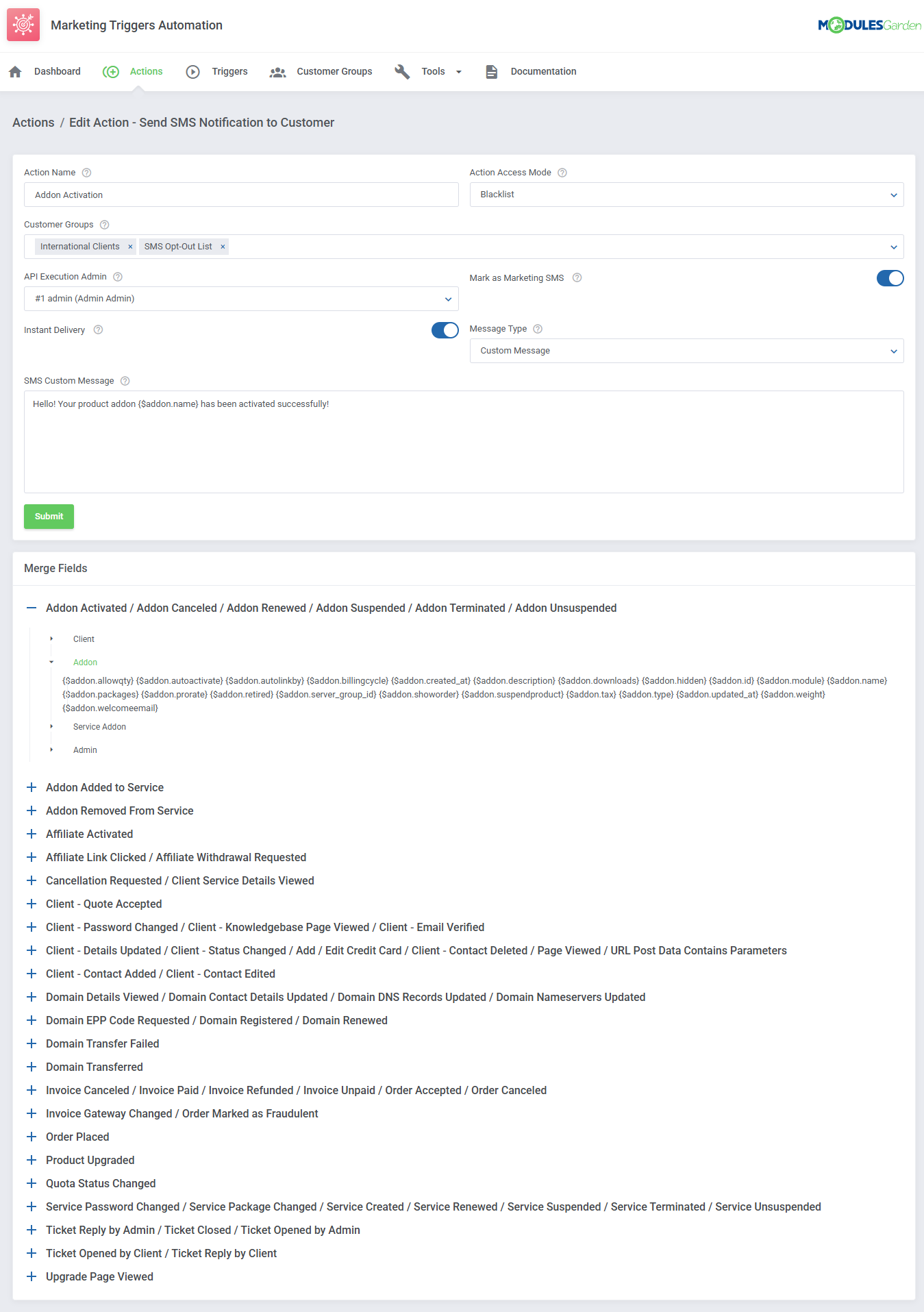 Marketing Triggers Automation For WHMCS: Module Screenshot 5