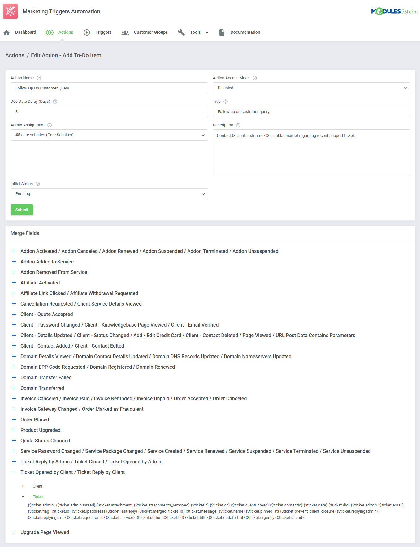Marketing Triggers Automation For WHMCS: Module Screenshot 6