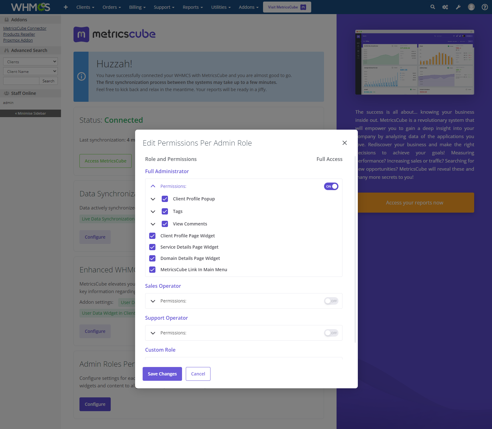 MetricsCube Connector For WHMCS: Module Screenshot 10