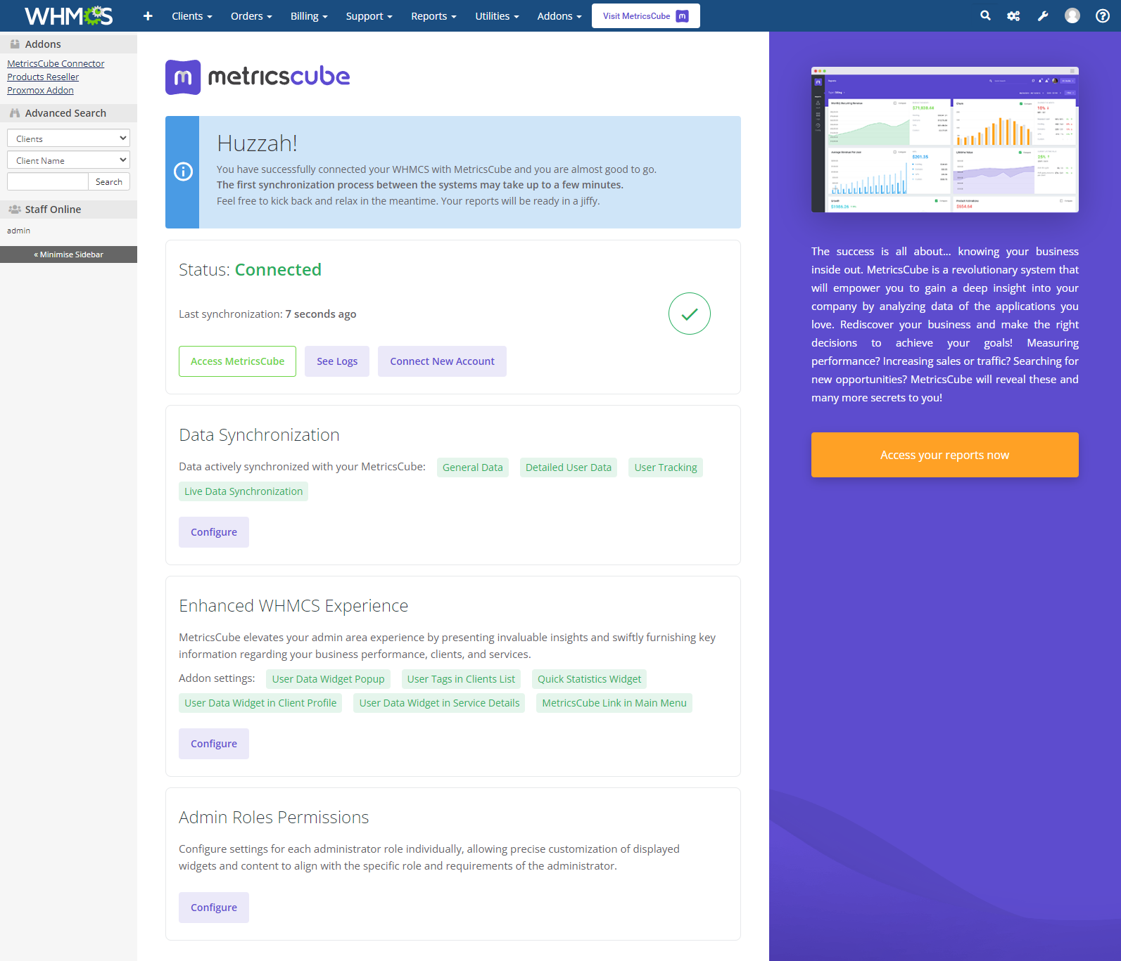 MetricsCube Connector For WHMCS: Module Screenshot 7