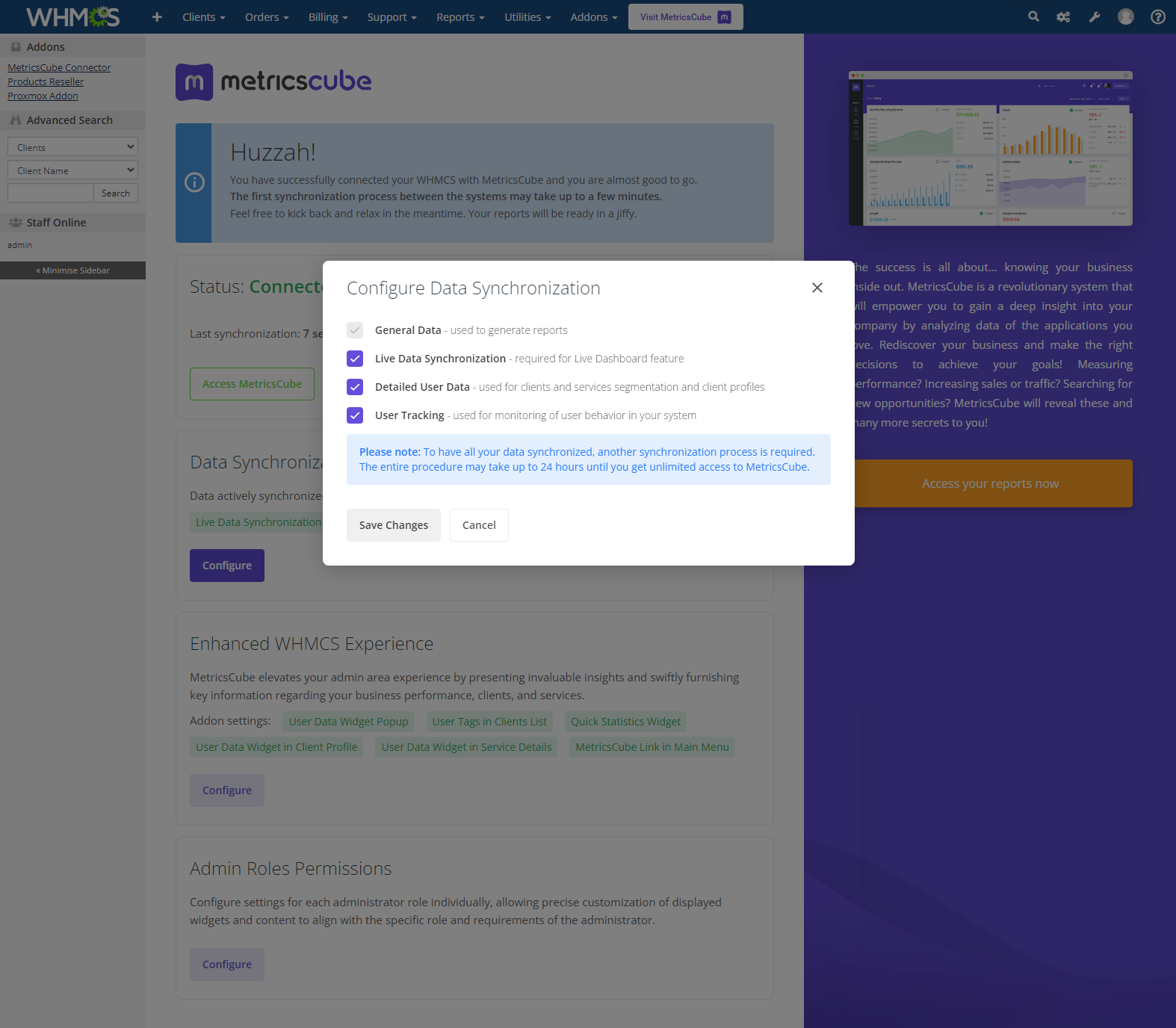 MetricsCube Connector For WHMCS: Module Screenshot 8