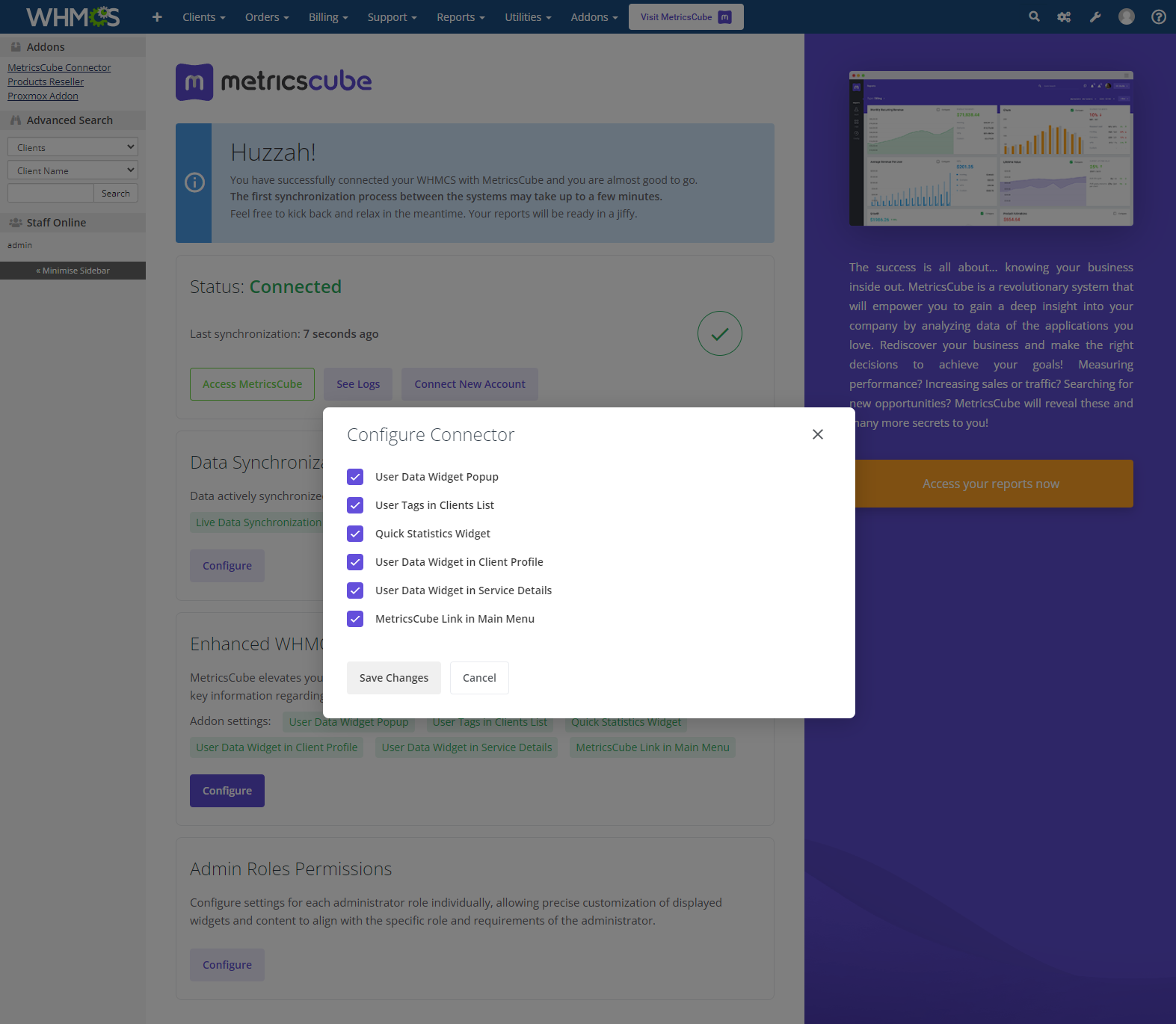MetricsCube Connector For WHMCS: Module Screenshot 9