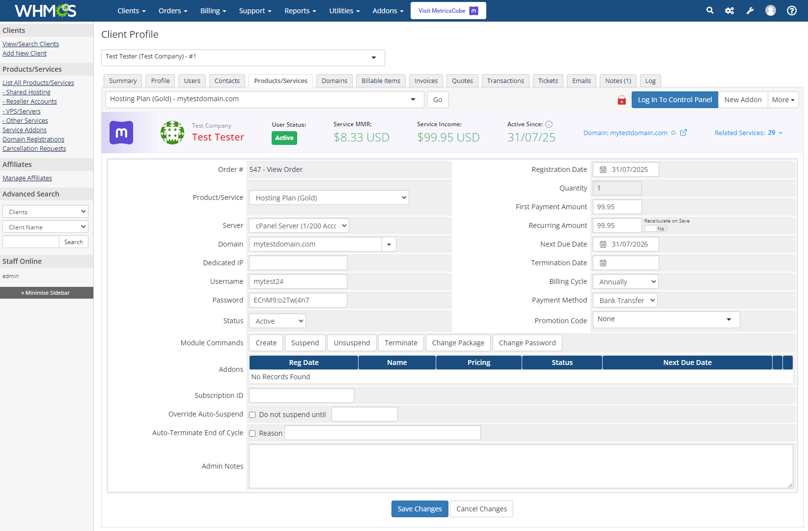 MetricsCube Business Analytics For WHMCS: Module Screenshot 15