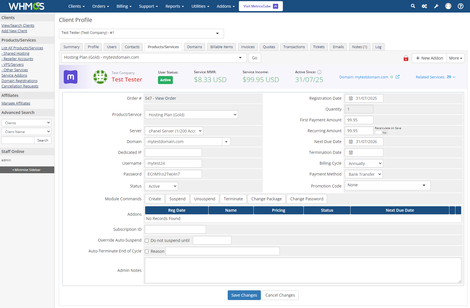 MetricsCube Business Analytics For WHMCS: Module Screenshot 16