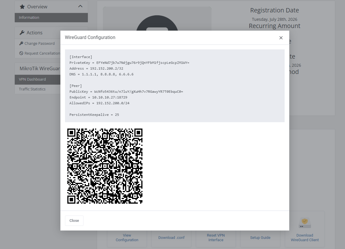 Mikrotik WireGuard VPN For WHMCS: Module Screenshot 3