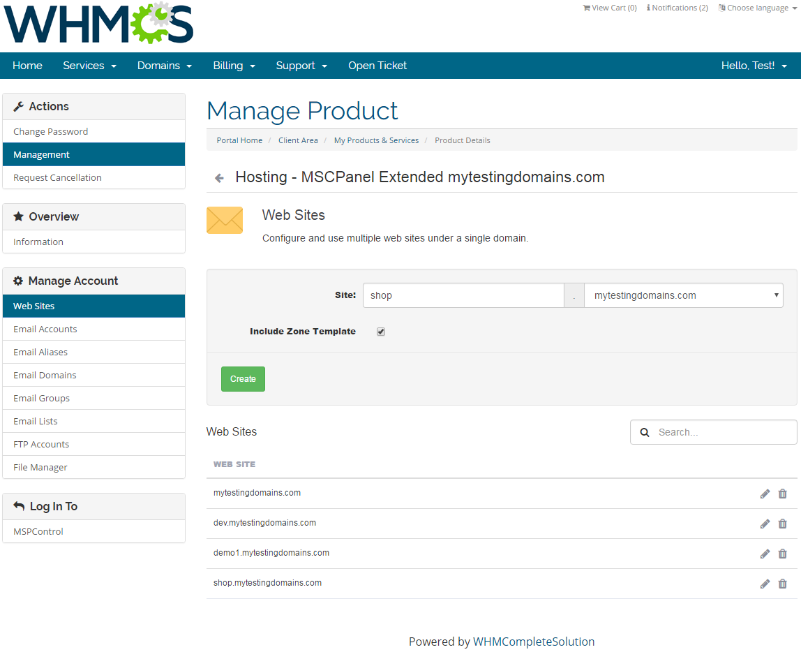 MSPControl Extended For WHMCS: Screen 2