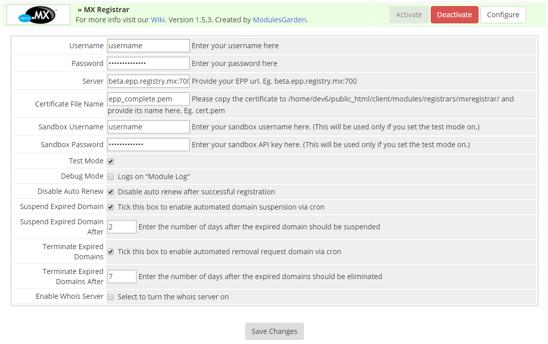 MX Registrar For WHMCS: Screen 1