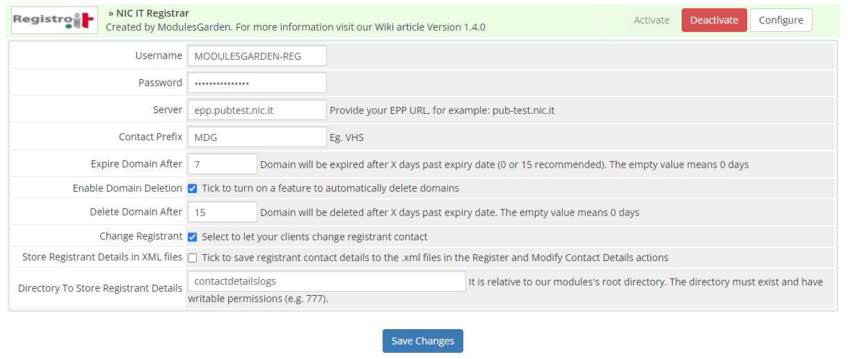 NIC IT Registrar For WHMCS: Module Screenshot 1