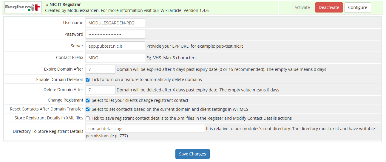 NIC IT Registrar For WHMCS: Module Screenshot 1