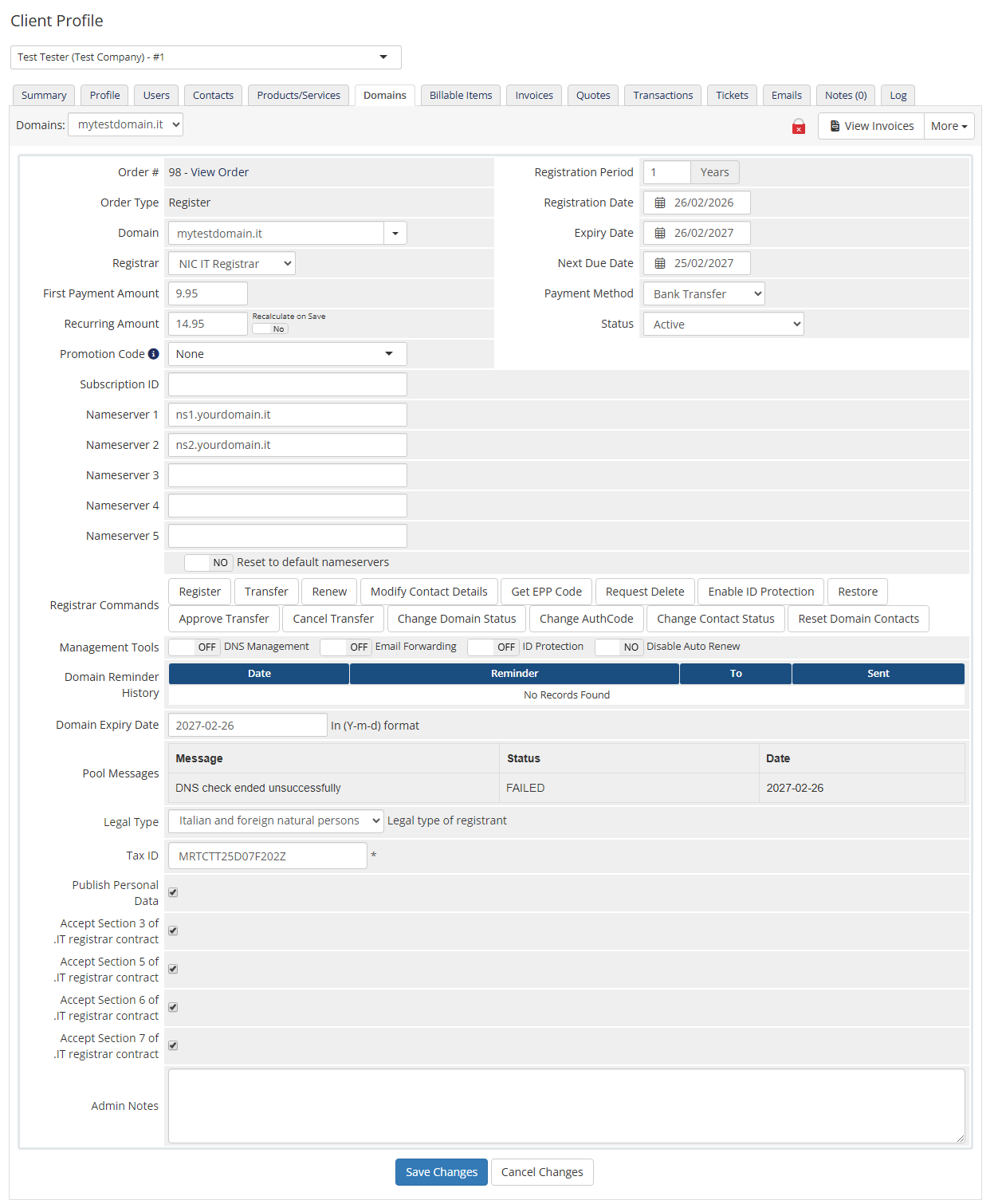 NIC IT Registrar For WHMCS: Module Screenshot 3