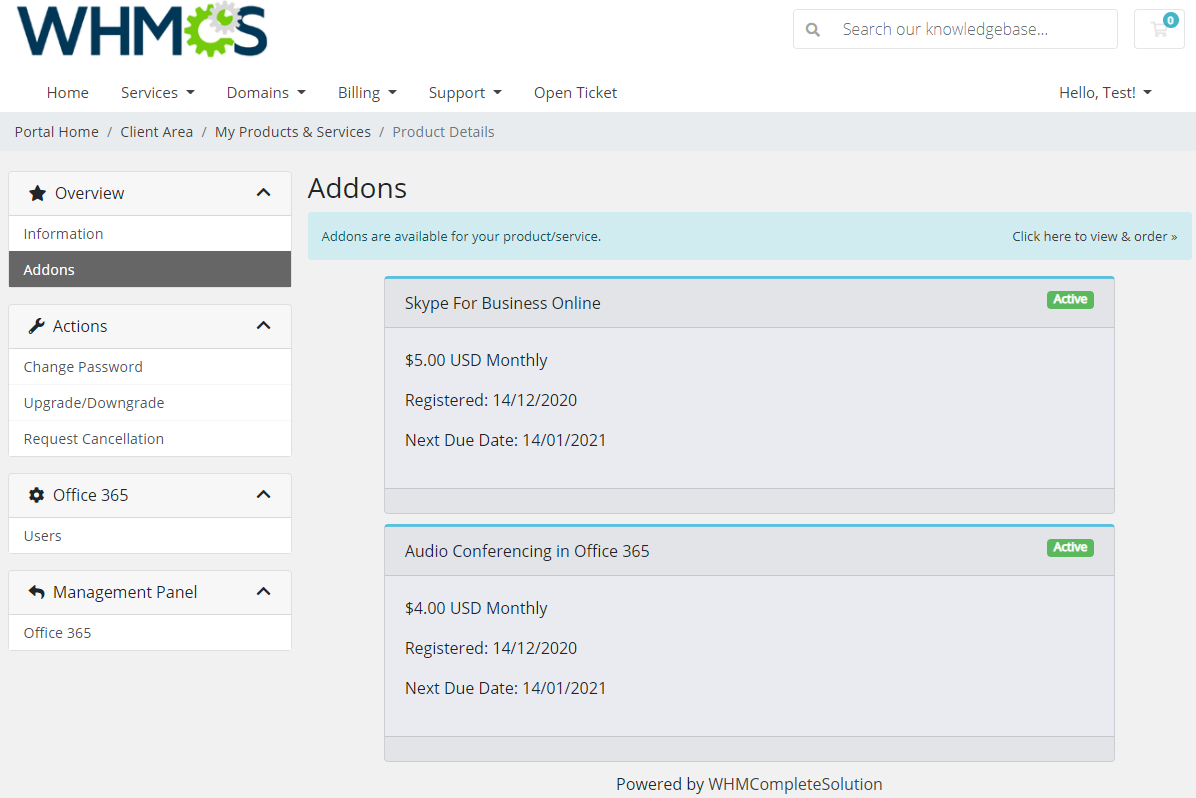 Office 365 For WHMCS: Module Screenshot 3