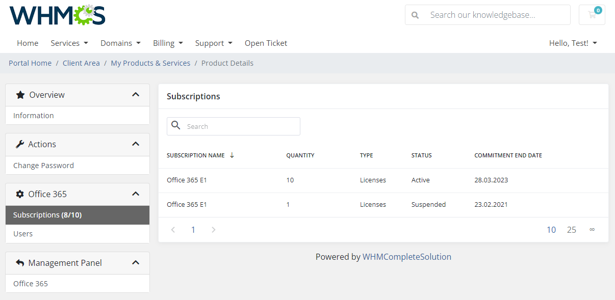 Office 365 For WHMCS: Module Screenshot 3
