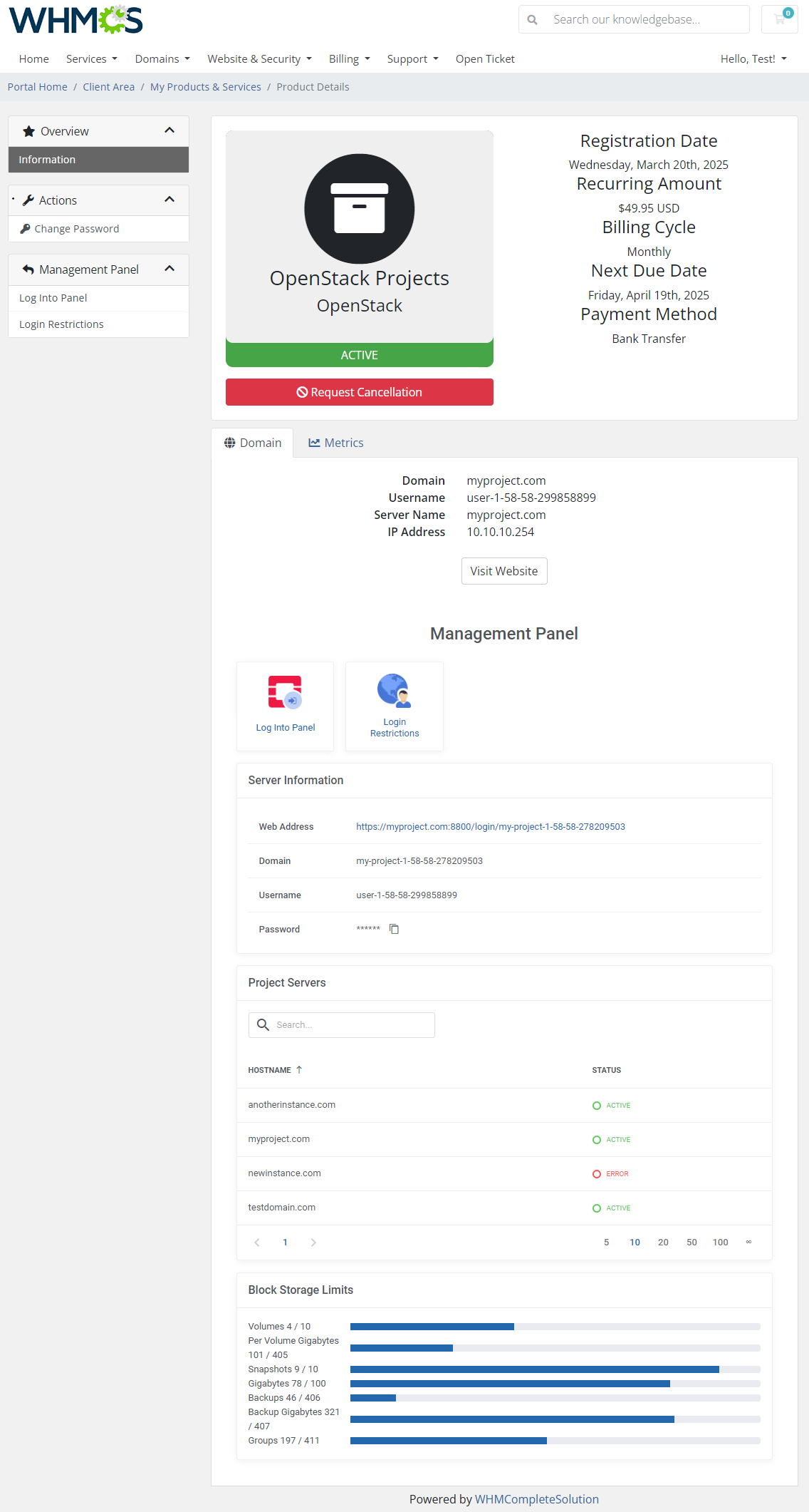 OpenStack Projects For WHMCS: Module Screenshot 1