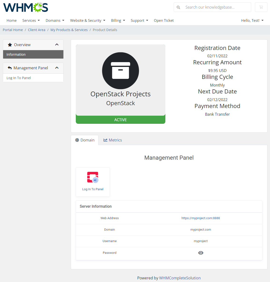 OpenStack Projects For WHMCS: Module Screenshot 1