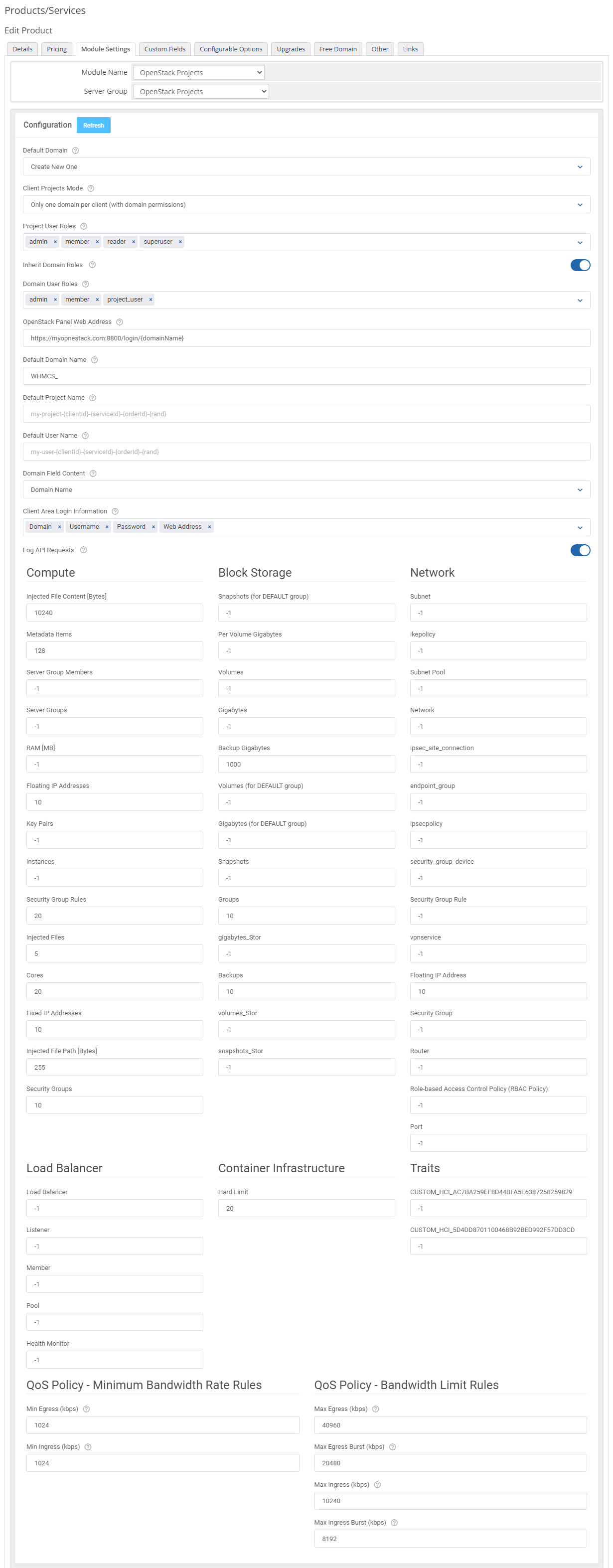 OpenStack Projects For WHMCS: Module Screenshot 6