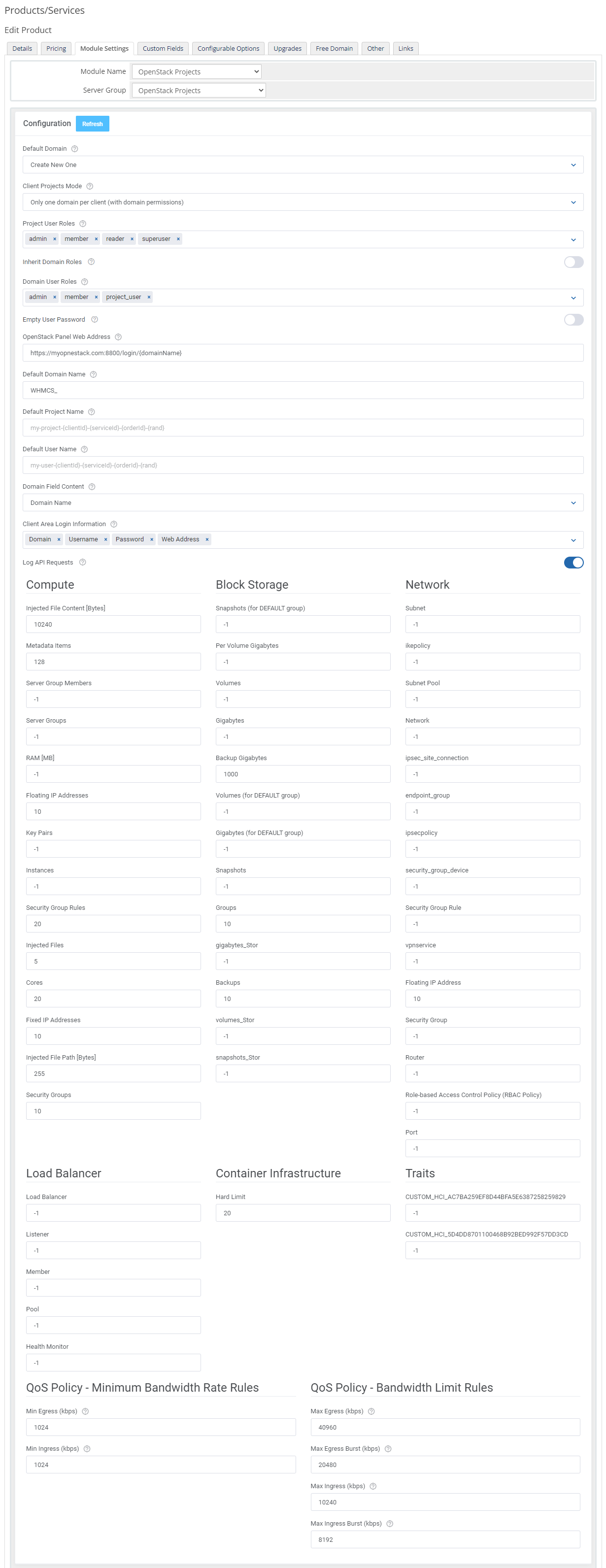 OpenStack Projects For WHMCS: Module Screenshot 6
