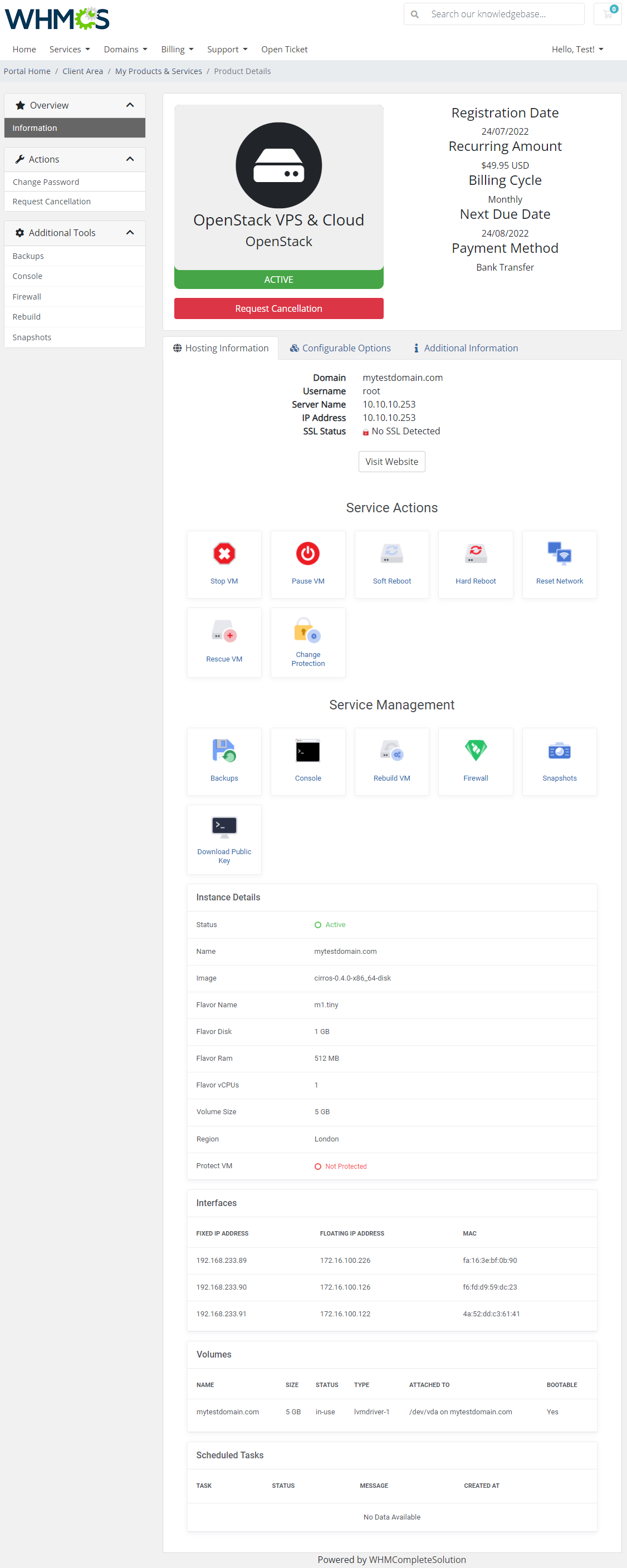 OpenStack VPS & Cloud For WHMCS: Module Screenshot 1