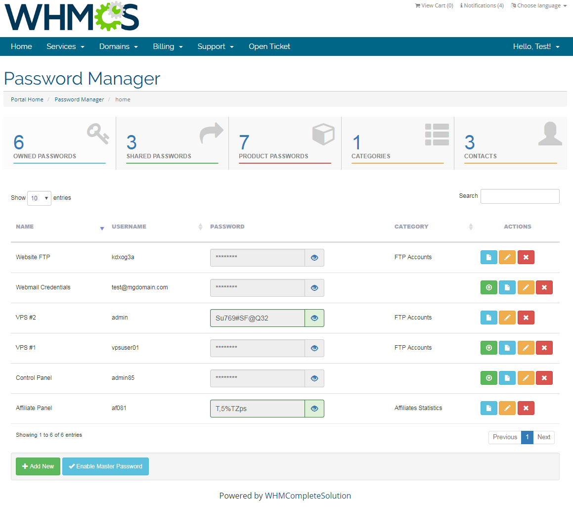 Password Manager For WHMCS: Screen 1
